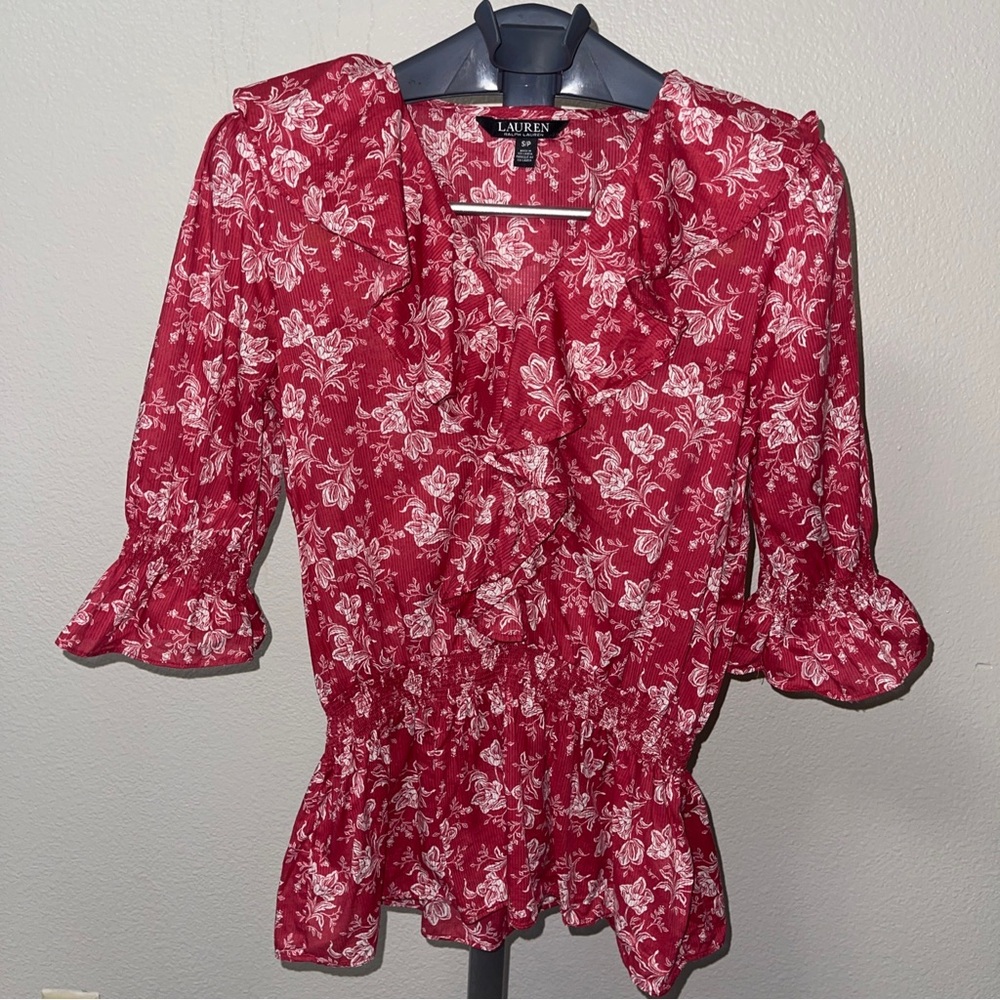 Ralph Lauren Black Label Red Floral Blouse Size S